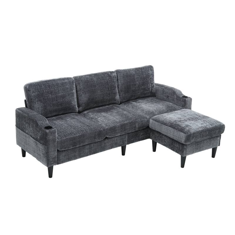 Modular Sectional Sofa with Storage Ottoman, Comfy Chenille Fabric Sofa, 3-Seater Sofa with Side Pockets & 2 Cup Holders