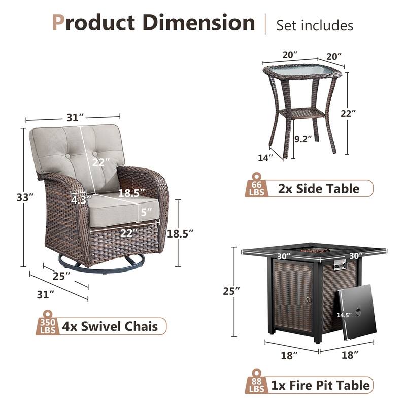 Pocassy Outdoor 30 In Fire Table with Sofa Patio Swivel Chair Set