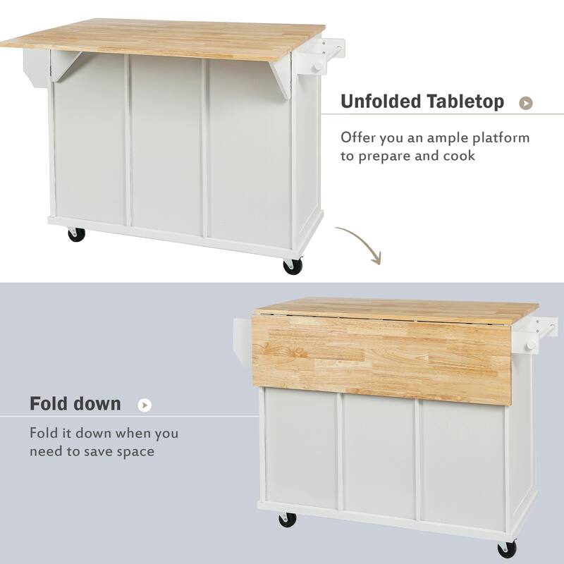 Kitchen Cart with Rubber Wood Drop-Leaf Countertop, Storage Cabinet, 3 Drawers & 5 Wheels