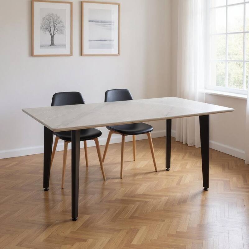 HomeRoots 63" Gray Stone and Metal Dining Table - 62.90 in. x 29.50 in. x 35.40 in. - Gray - 62.90 in. x 29.50 in.  x 35.40 in.