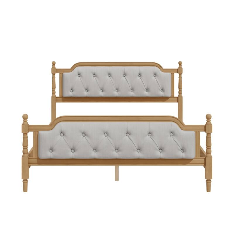 Traditional Style Solid Wood Bed Frame with Upholstered Tufted Headboard,No Box Spring Needed
