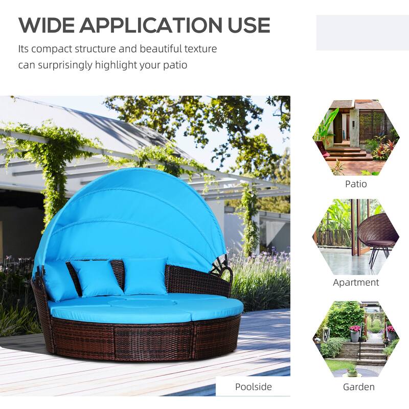 Outsunny 4-Piece Rattan Patio Furniture Set, Round Convertible Daybed or Sunbed with Adjustable Sun Canopy