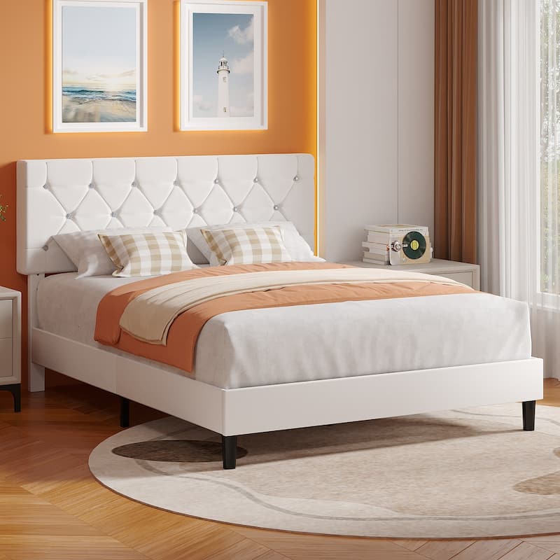VECELO Upholstered Beds With Diamond Tufted Headboard Platform Bed Frame 7.9'' Under Bed Space