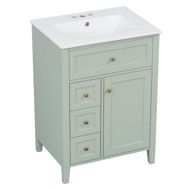 24" Bathroom Vanity with Sink, MDF & Rubberwood Construction, 3 Drawers & Cabinet with Adjustable Shelves