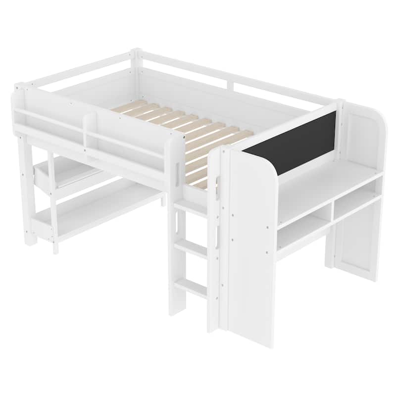 Twin Loft Bed with Multi-storage Bookcases, Boxes and Drawers, Solid Wood Low Loft Beds with Desk and Blackboard