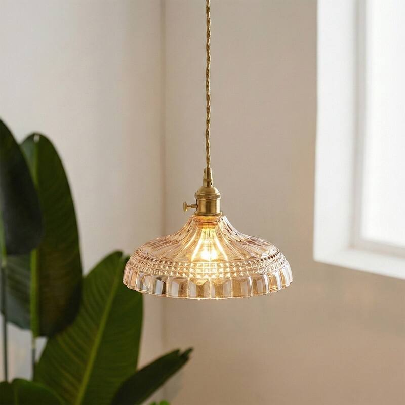 Modern 1-Light Amber Glass Pendant Light with Electroplated Brass Finish for Kitchen Island, Dining Room, and Foyer