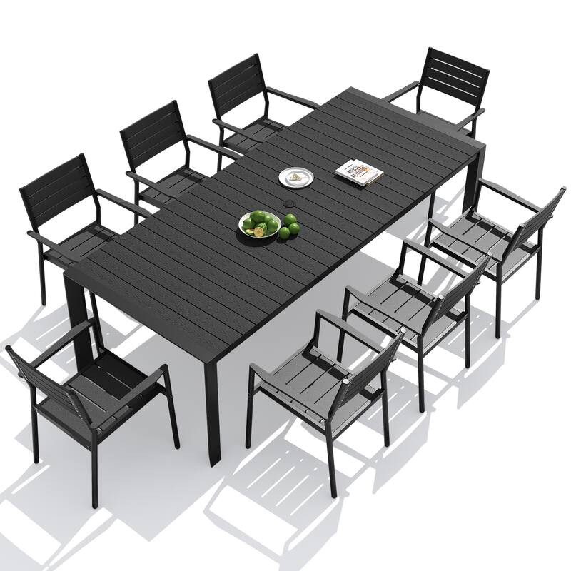 9-PCOutdoor Patio Dining Set WoodLike Table Top Aluminum Rectangular Umbrella Hole Table with Stackable Armrest Dining Chairs