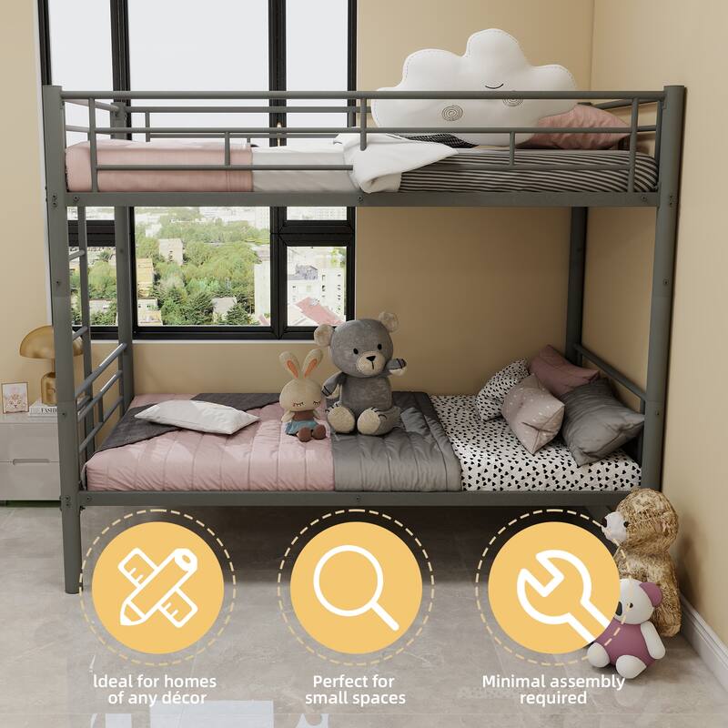 Twin Over Twin Metal Bunk Bed with Ladder and Guardrail, Convertible to 2 Separate Beds, No Box Spring Required