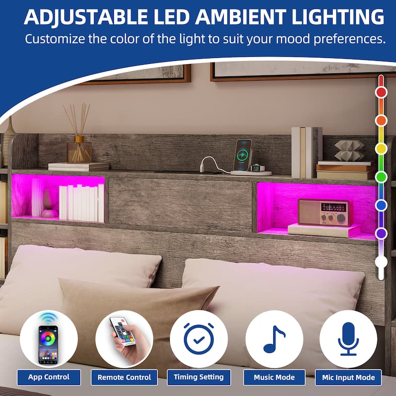 Moasis Queen/King Size Bed Frame with Bookcase Headboard and 4 Storage Drawers