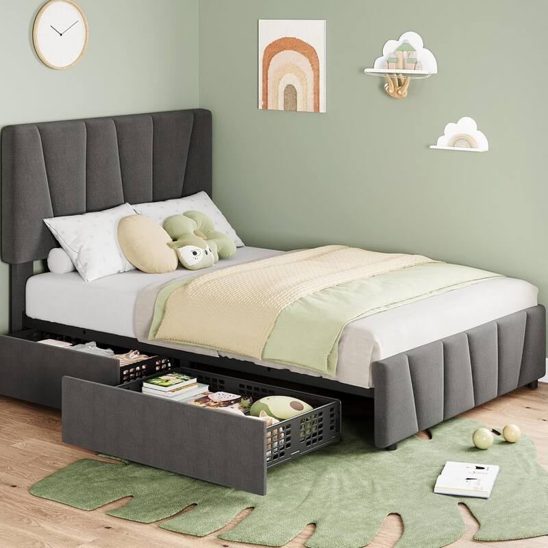 Twin Bed Frame with Headboard Adjustable and 2 Storage Drawers, No Box Spring Needed - Dark Grey