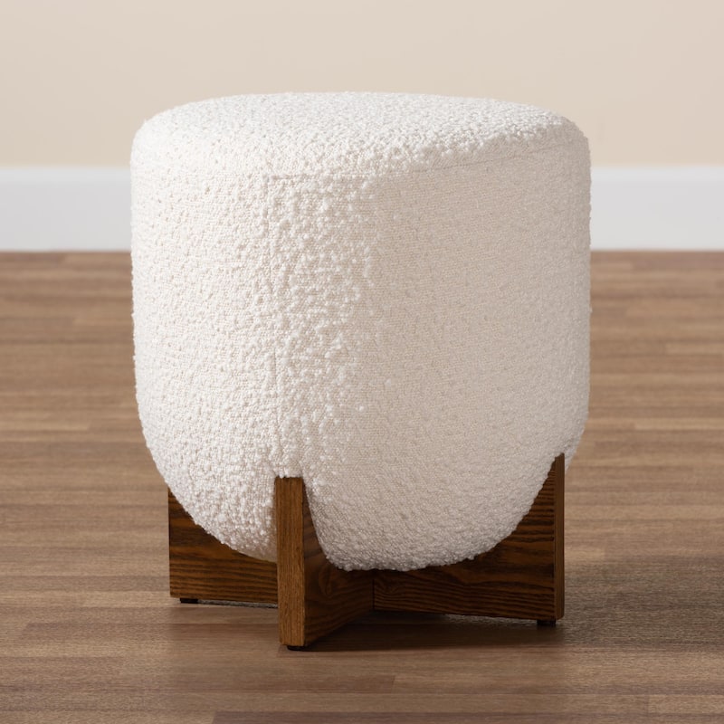 Fisk Japandi Cream Boucle Fabric and Walnut Brown Finished Wood Ottoman Footstool