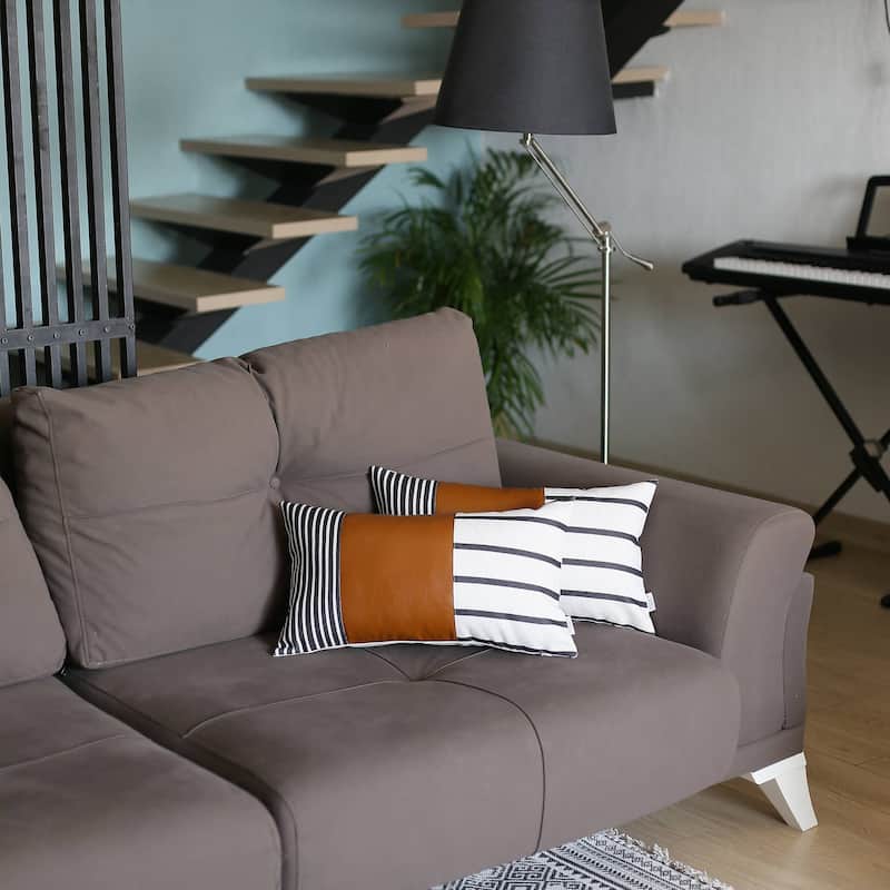 Bohemian Striped Vegan Faux Leather Throw Pillow Covers Set of 2 - 12x20 - Brown