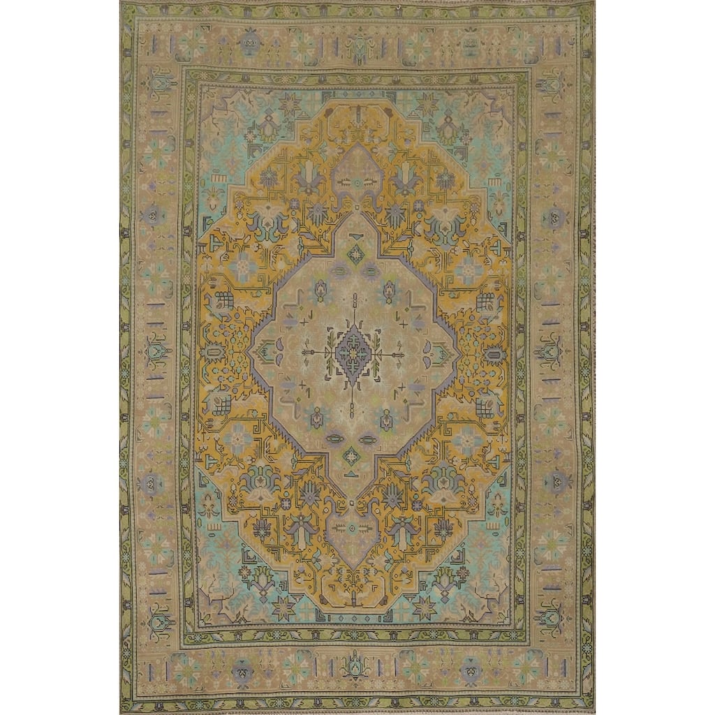 Hand Knotted Oriental 100% Wool Carpet Traditional Floral Yellow & Gold Tabriz Area Rug - 9' 6'' X 6' 7''