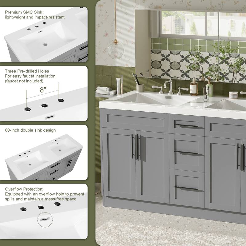 59" Double Sink Bathroom Vanity with SMC Top, Solid Wood Frame & Soft Close Doors, Gray Storage Cabinet