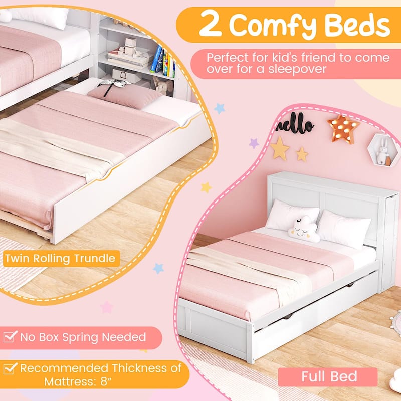 Gymax Full/Twin Wooden Platform Bed with Trundle Storage Headboard