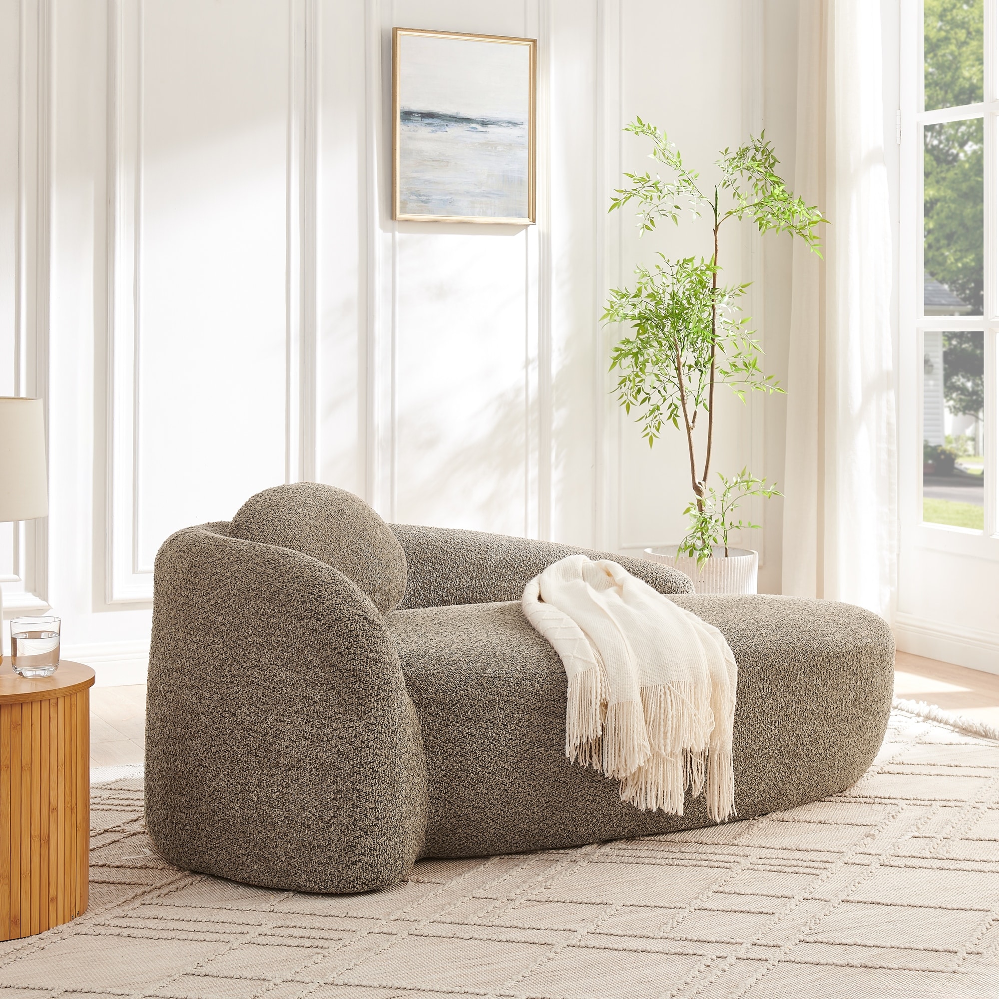 Modern Oval Single Lazy Sofa Chair with Integrated Backrest, Side Armrest and Pillow, Compact Space-Saving Lounge Chair