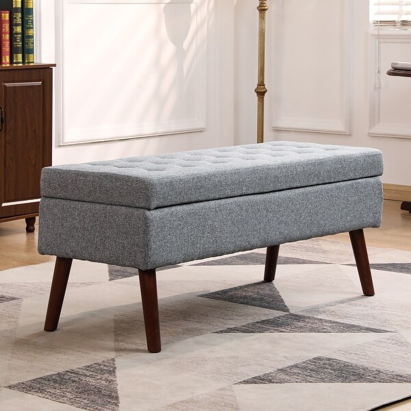 Storage Bench with Grey Linen Upholstery and Safety Hinge for