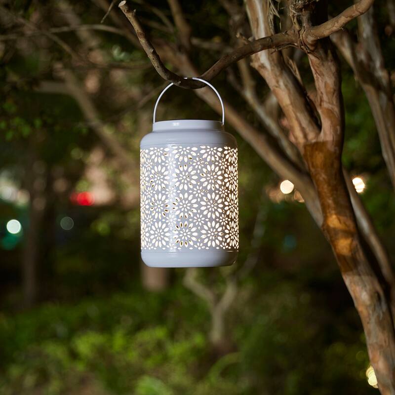 Glitzhome 8.75"H Outdoor Waterproof Metal Solar Hanging Lantern with Flower Leaves Decor