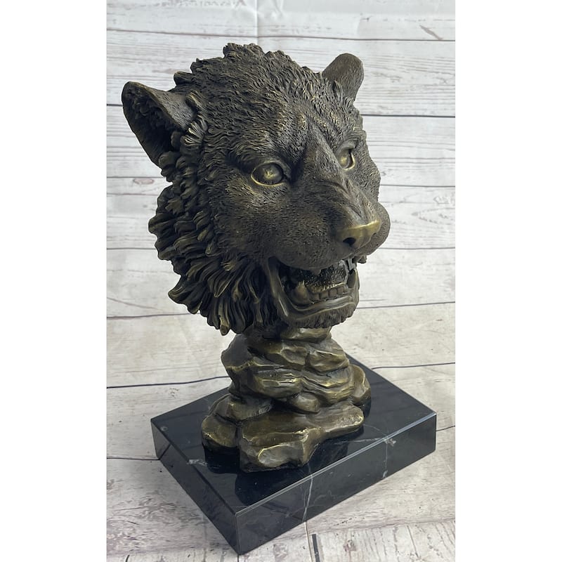 Cougar Imitative Lion Big Imitative Cat Predator Bust Sculpture Statue Bronze On Marble Base 12 Inches X 7 Inches