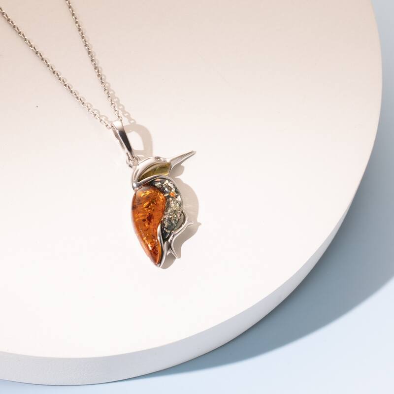 Amber Hummingbird Pendant in Sterling Silver