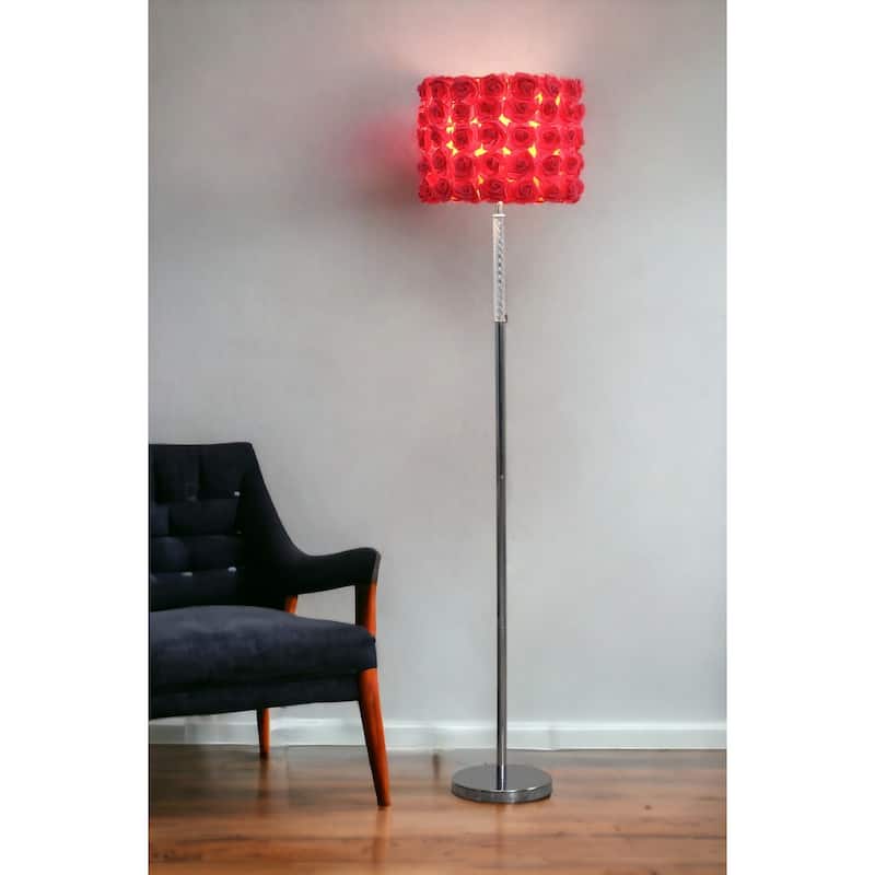 HomeRoots 63" Steel and Acrylic Floor Lamp With Red Flowers Fabric Drum Shade - 63 X 14 X 14