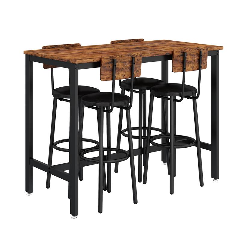 Grondin Rustic Industrial Style 5-Piece Bar Table Set with 4 PU Leather Bar Stools, Rectangle Dining Room Table Set for 4