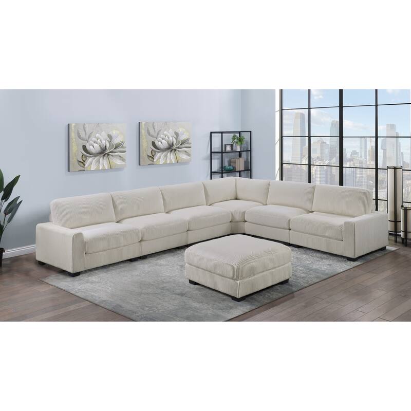 Living Room Furniture Ottoman Wide-Welt Corduroy 1pc Soft Cushion Cocktail Ottoman Wood Legs