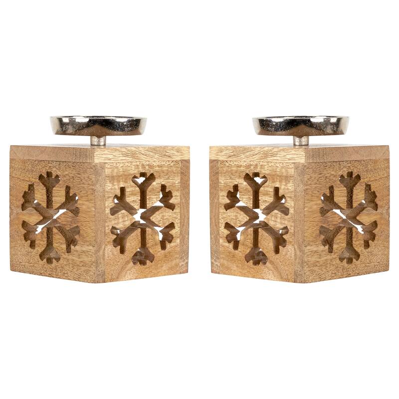 Snowflake Box Wooden Christmas Tealight Holders - 4.75" - Set of 2