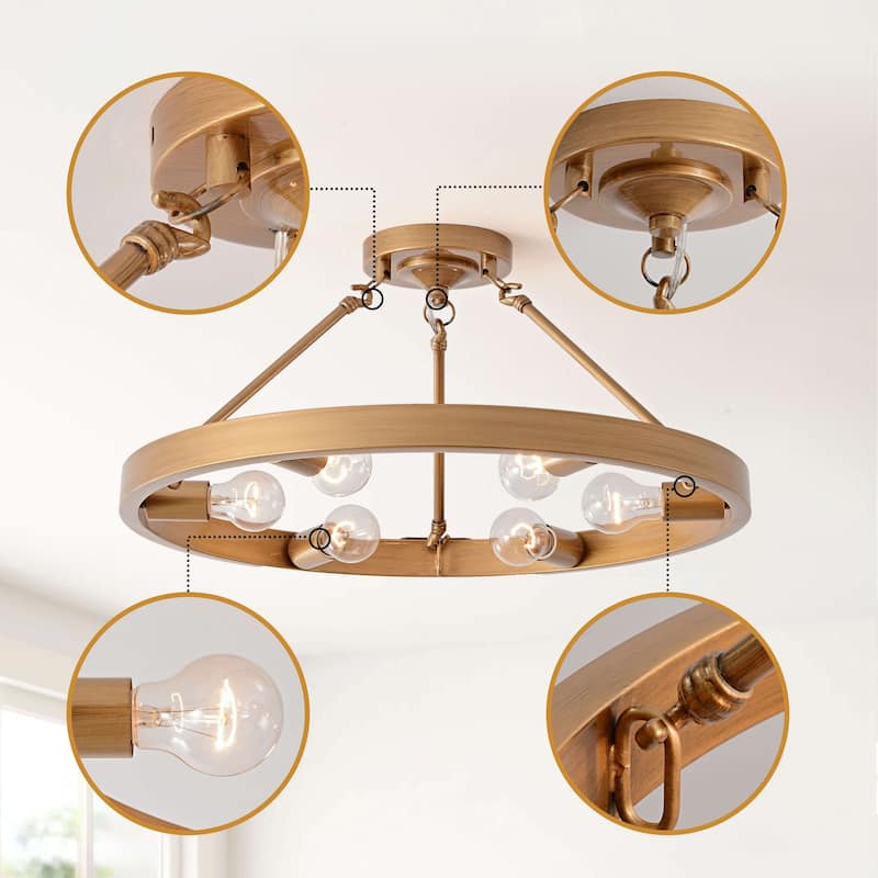 Abigail Wagon Wheel 6-Light Metal Round Rustic Semi-Flush Mount - Brushed Brass