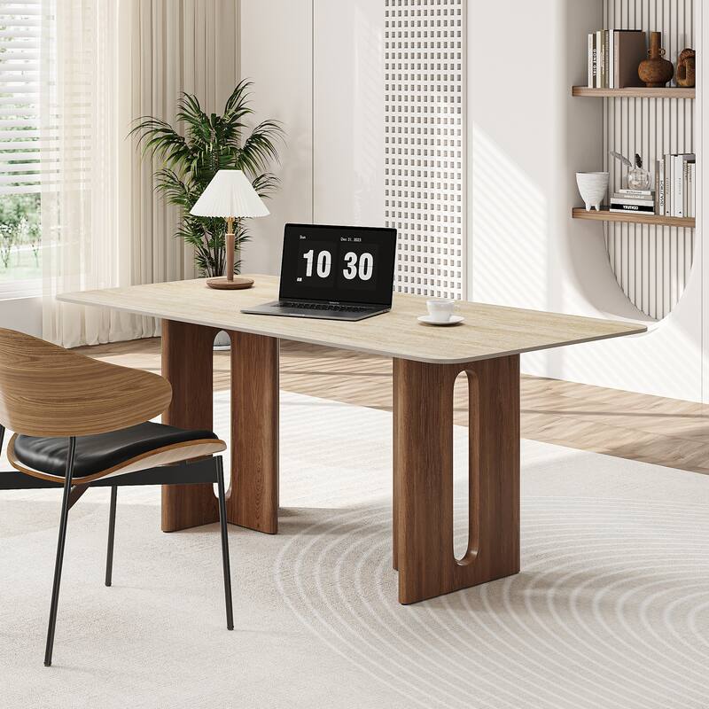 63" Modern Rectangular Dining Table for 4,Faux Marble top with Travertine Texture,Double Legs with Solid Woood Veneer