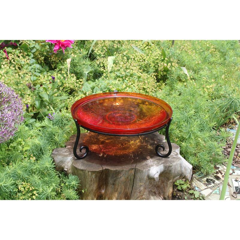 Achla Designs Reflective Crackle Glass Birdbath Bowl With Short Stand II, 14 Inch Diameter, Red