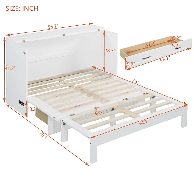 Full Size Foldable Murphy Bed with Storage Drawers & USB Charging,Space Saving Wall Bed