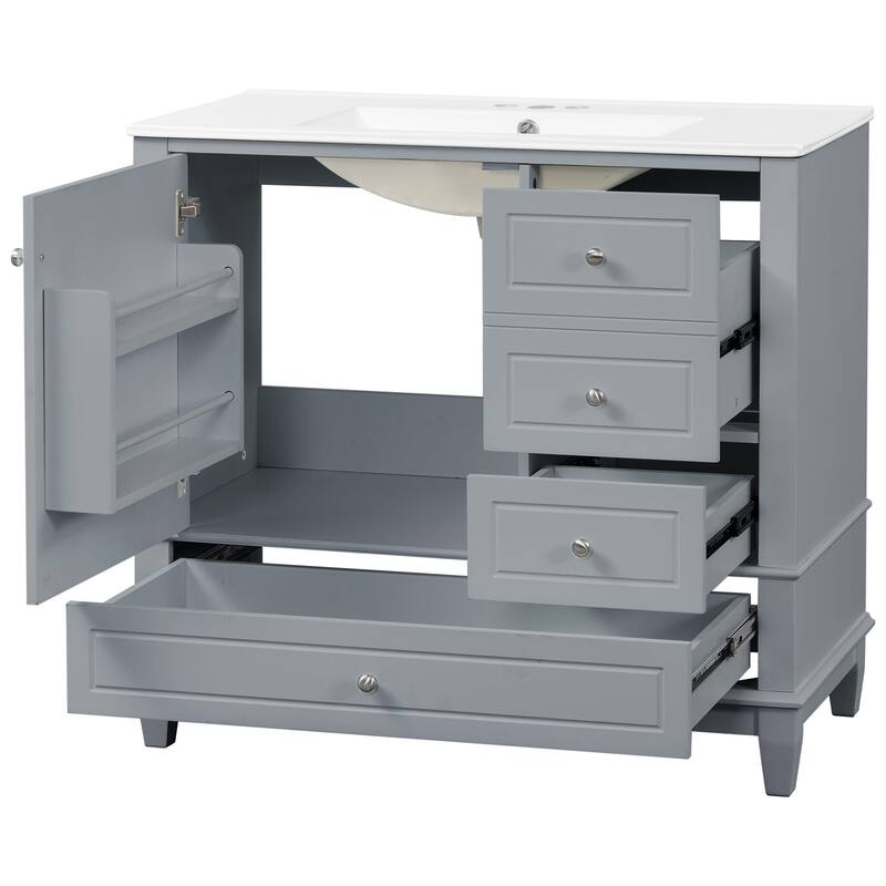 Roomfitters 36" Bathroom Vanity with Ceramic Sink, Solid Wood Frame, 3 Drawers & Soft-Close Door with Racks