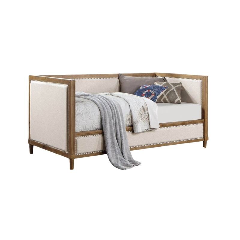 Beige Fabric Upholstered 1pc Day Bed Light Oak Bed Frame Nailhead Trim Bedroom Furniture Mattress Ready Twin Day Bed