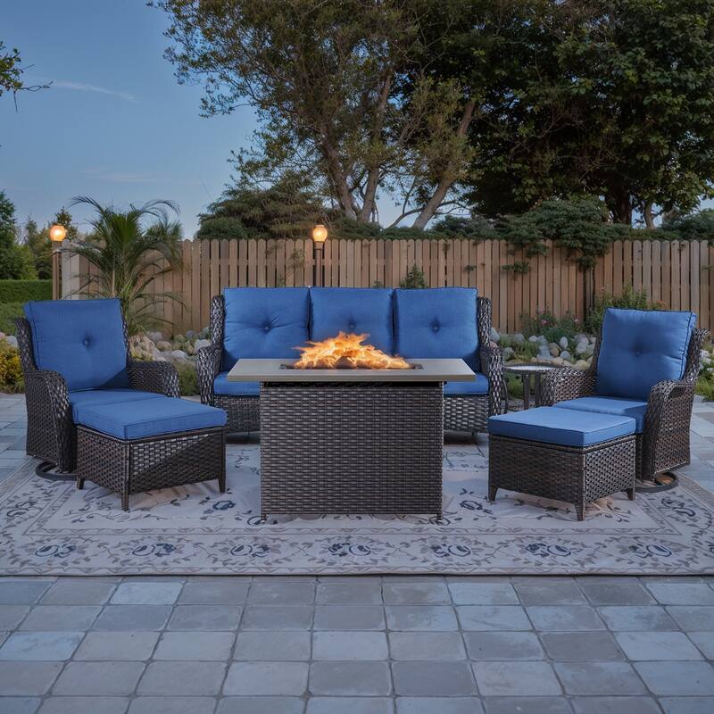 7 Piece Wicker Furniture with Fire Pit Table - Blue - Brown