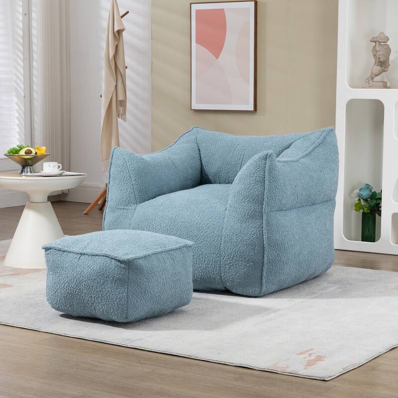 Boucle Upholstered Deep Seat Armless Square Bean Bag Chair with Ottoman - Blue