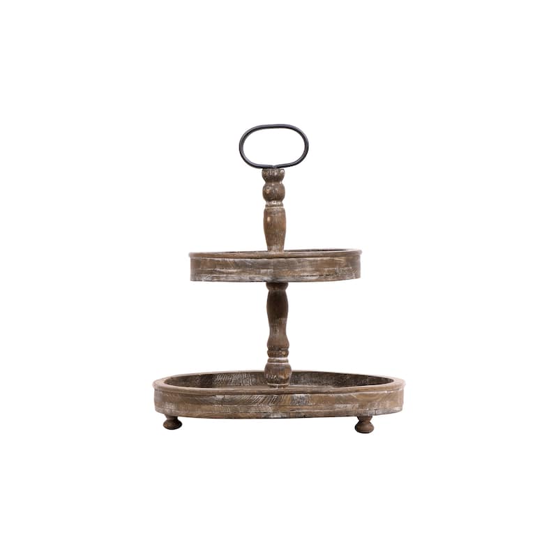 Distressed Wood 2-Tier Tray with Metal Handle - Brown