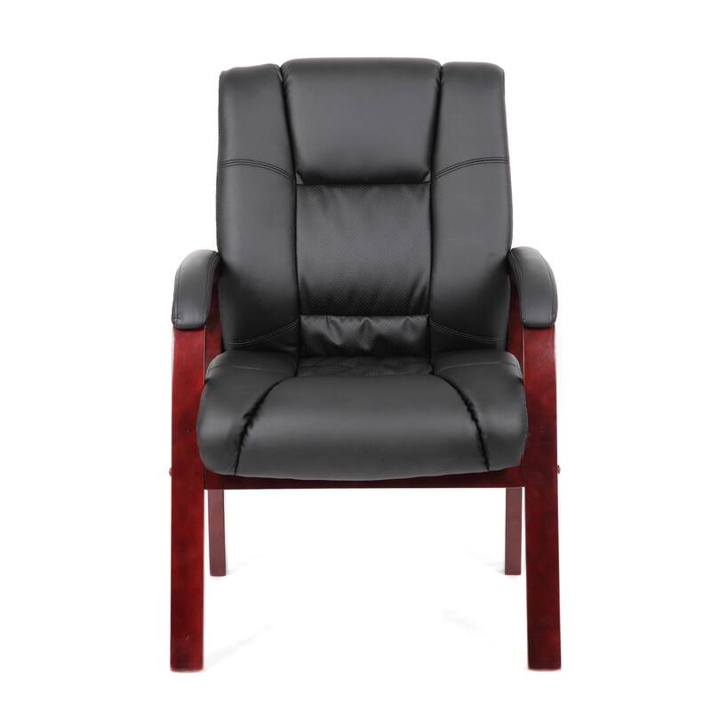 Aria Guest Armchair with Mahogany Brown Wood Finish, Black Vinyl