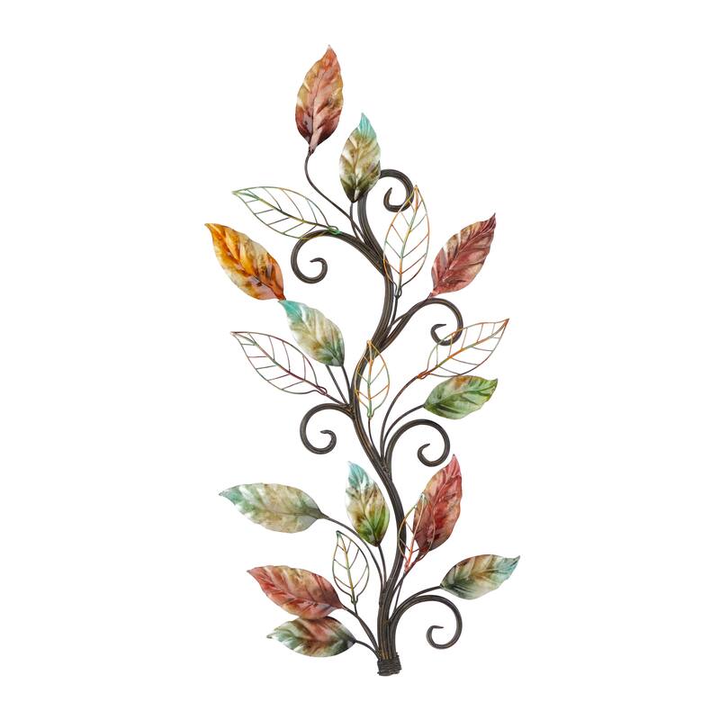 Multi Colored Metal Leaf Home Wall Decor with Scrolled Vine and Wire Leaf Accents
