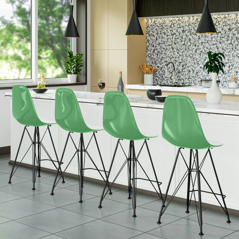 Cresco Acrylic Barstool in Brushed Black Steel Base with Ergonomic Seat, Footrest, & Floor Pads for Kitchen or Home Bar Set of 2
