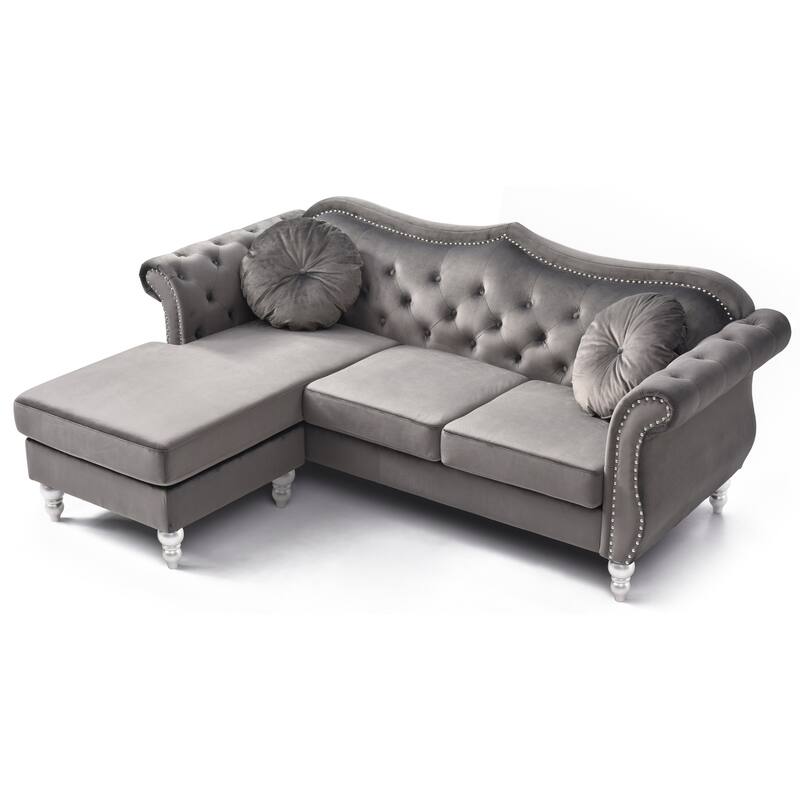 Hollywood 81 in. Velvet Chesterfield Sectional Sofa with 2-Throw Pillow - 81"L x 35"W x 34"H
