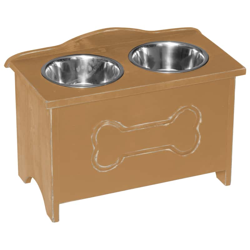 Amish Made Pine Dog Feeder with Storage Chest - Mustard Yellow