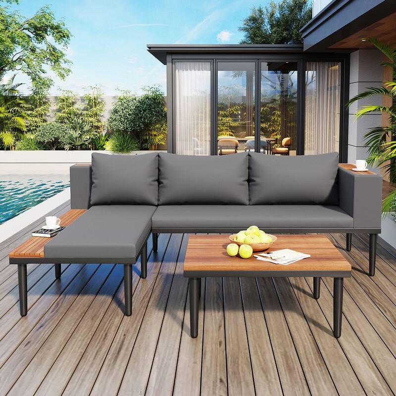 Patio L-Shaped Sectional Sofas with Wood Coffee Table, All-Weather-Used Outdoor Conversation Set with Storage Shelf