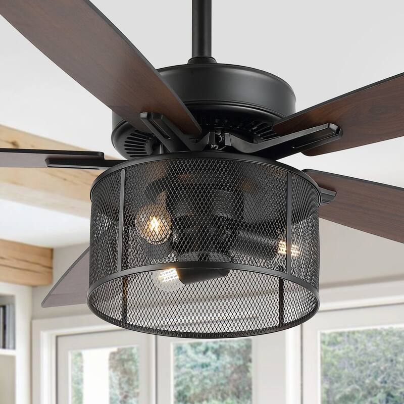 Oscar 52" 3-Light Farmhouse Industrial Iron/Wood Mobile-App/Remote-Controlled LED Ceiling Fan, by JONATHAN Y
