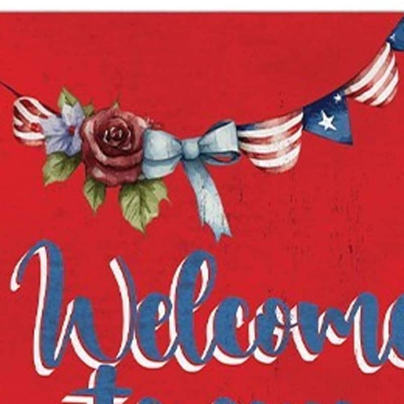 HomeRoots 36" Blue Red And White Solid Wood Welcome To Our Porch Porch Sign
