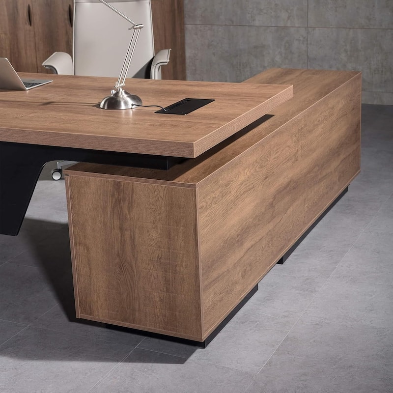 WESOME Retractable L-Shaped Executive Desk with Cable Management Drawers and Lateral File Cabinet