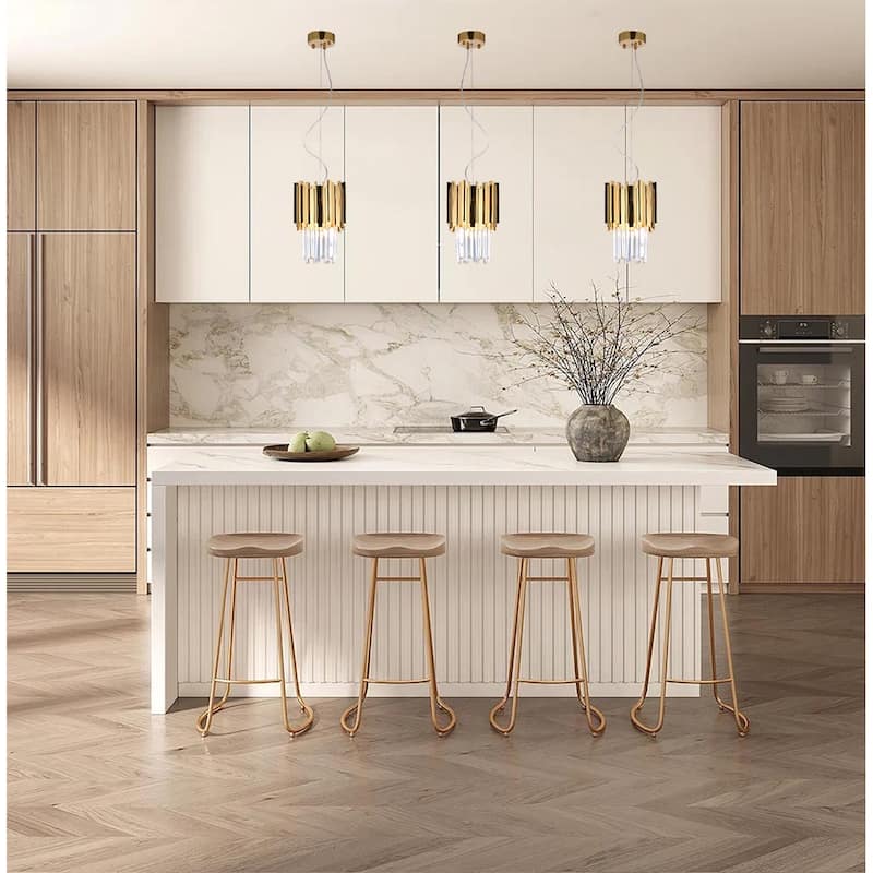 3-Light Gold Stainless Steel Pendant With Clear Crystals