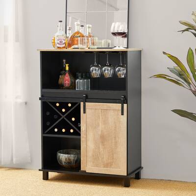 Glitzhome 44"H Modern Wine Cabinet Sliding Buffet Bar Storage Rack