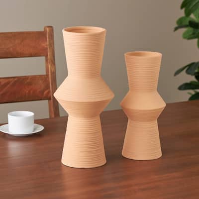 Brown or White Ceramic Ribbed Cone Shaped Abstract Vase (Set of 2)