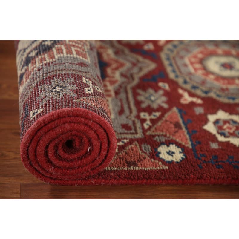 Red Geometric Kazak Indian Runner Rug Hand-Knotted Wool Carpet - 2'6"x 8'1"